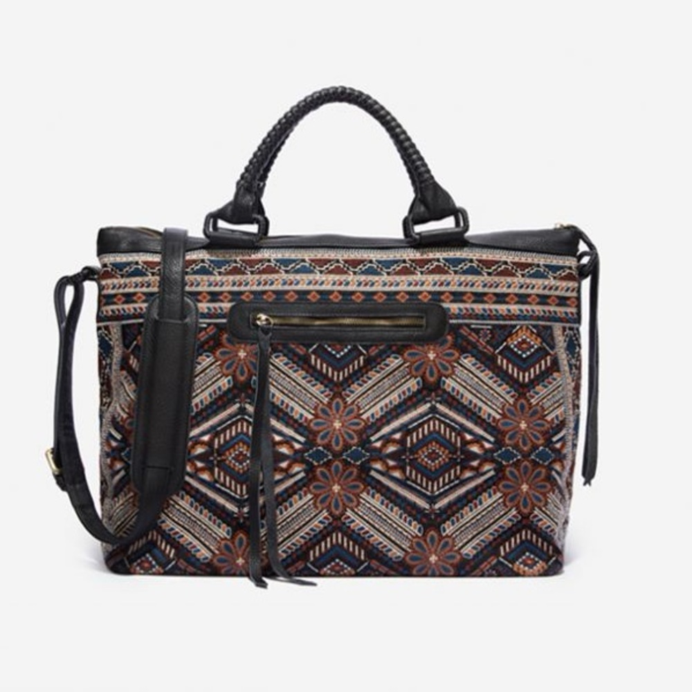 Embroidered Geometric Pattern Tote Bag in Brown & Black